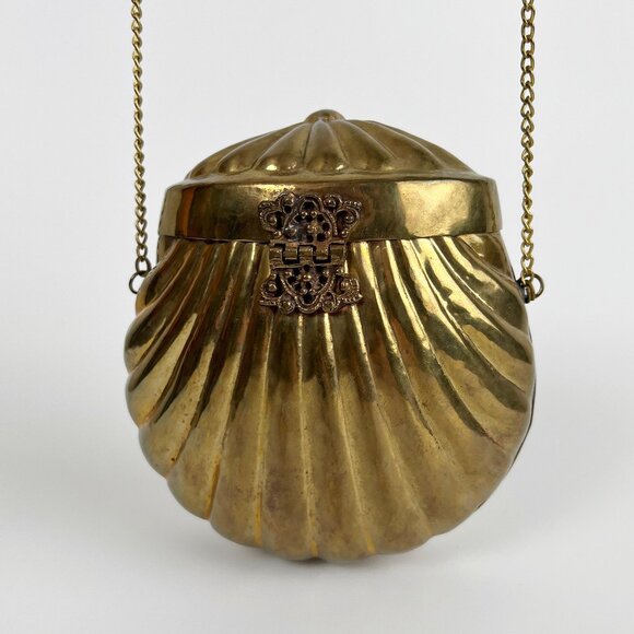 Antique Vintage 1920s Art Deco Nouveau Gold Brass Clam Shell Purse Royal Regency - Picture 4 of 4